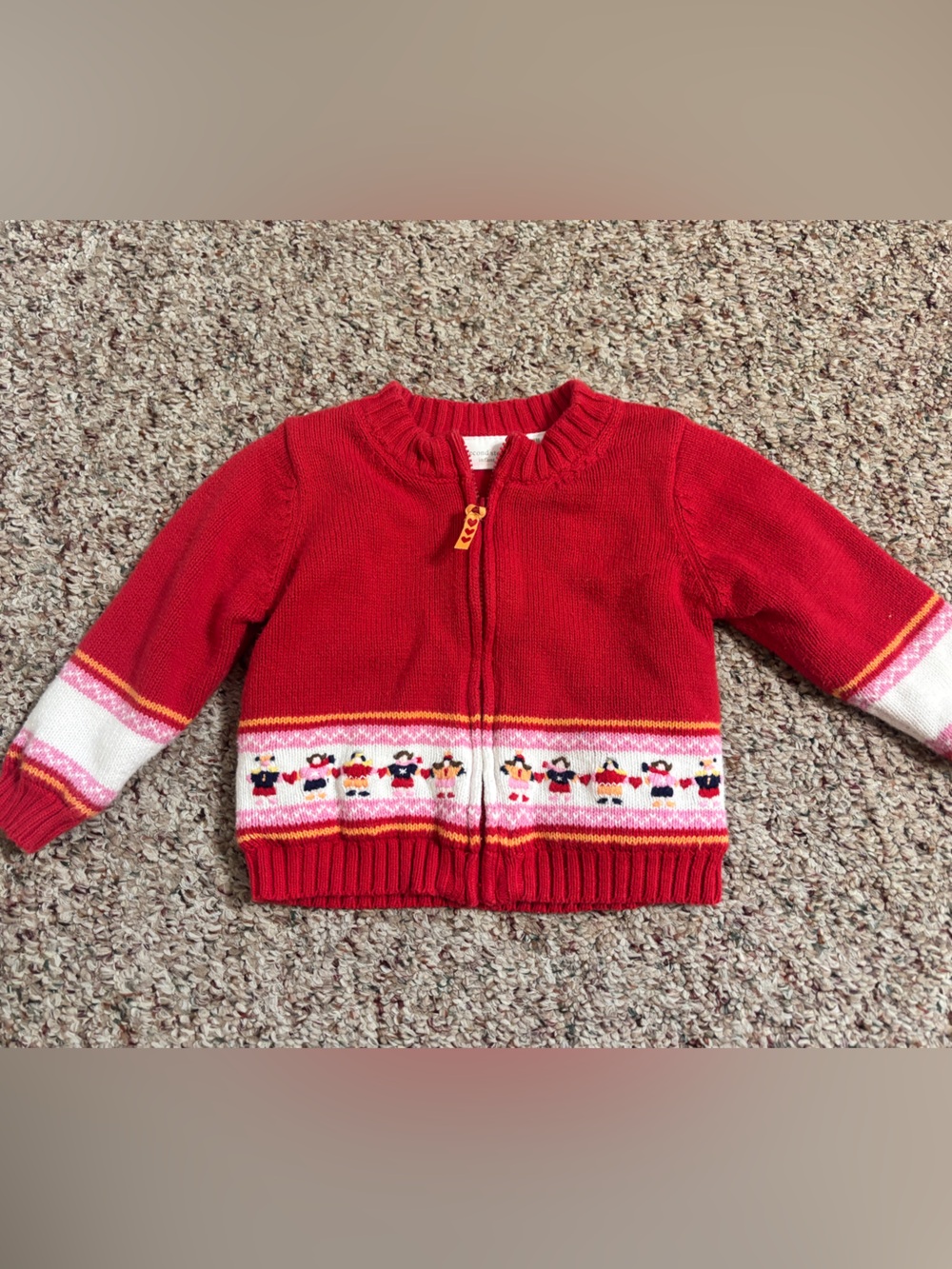 Red Knit Zip-Front Kids Sweater with Embroidery